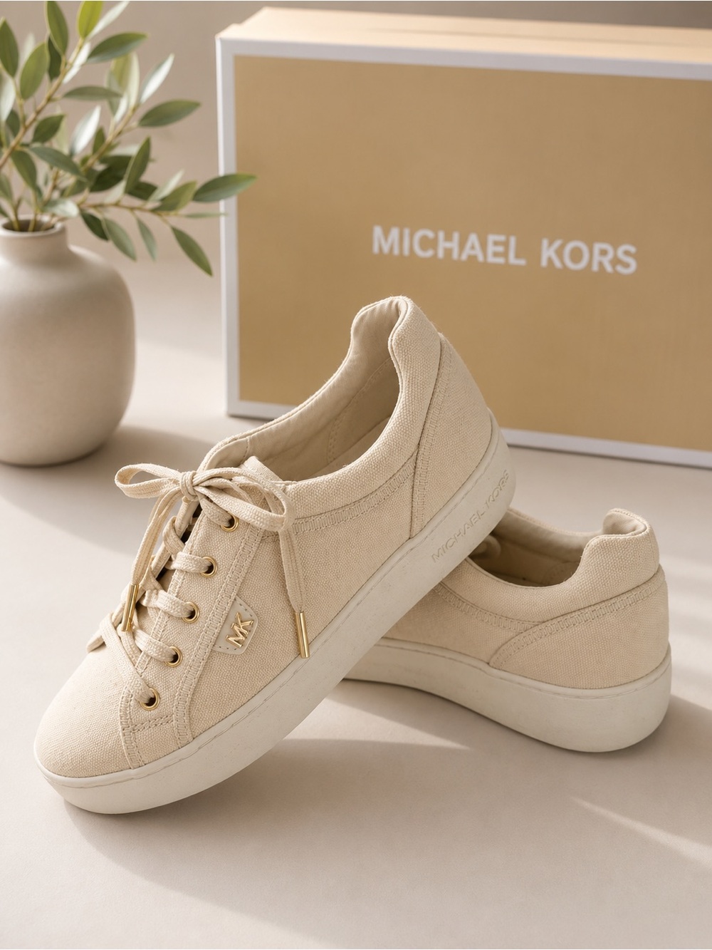 Michael Kors Beige Canvas Low-Top Lace-Up Sneakers